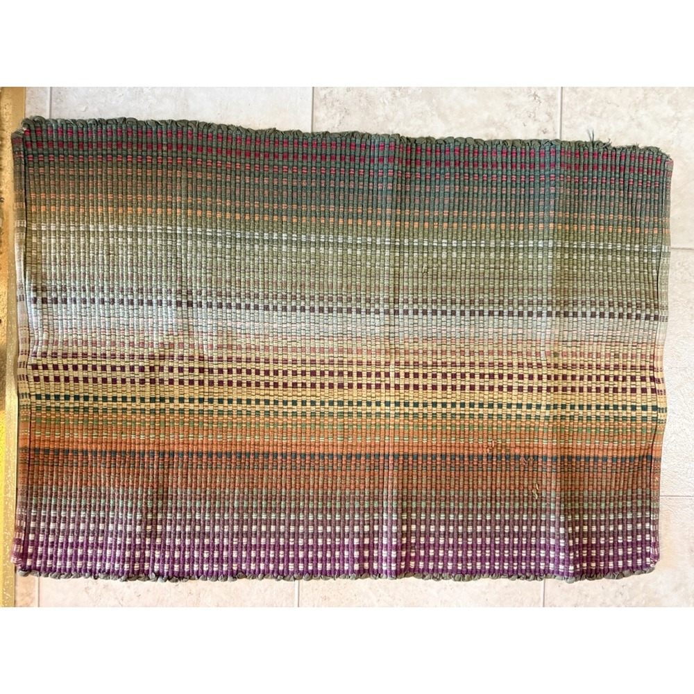 Handwoven Striped Rag Rug Boho Farmhouse Accent Mat 30x24 Reversible - Picture 2 of 3